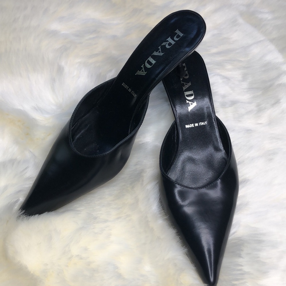 Prada Black Leather Kitten Heel Mules